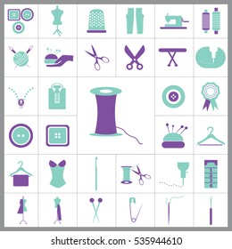 Set of Tailor Icons. Contains such Icons as Scissors, Measuring Tape, Needle, Tweezer, Safety Pin, Seam Ripper, Pearl Head Pin and more. Editable Vector. Pixel Perfect. 