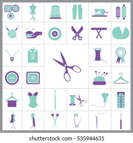 Set of Tailor Icons. Contains such Icons as Scissors, Measuring Tape, Needle, Tweezer, Safety Pin, Seam Ripper, Pearl Head Pin and more. Editable Vector. Pixel Perfect. 