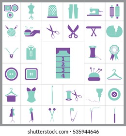 Set of Tailor Icons. Contains such Icons as Scissors, Measuring Tape, Needle, Tweezer, Safety Pin, Seam Ripper, Pearl Head Pin and more. Editable Vector. Pixel Perfect. 