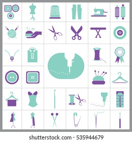 Set of Tailor Icons. Contains such Icons as Scissors, Measuring Tape, Needle, Tweezer, Safety Pin, Seam Ripper, Pearl Head Pin and more. Editable Vector. Pixel Perfect. 