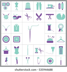 Set of Tailor Icons. Contains such Icons as Scissors, Measuring Tape, Needle, Tweezer, Safety Pin, Seam Ripper, Pearl Head Pin and more. Editable Vector. Pixel Perfect. 