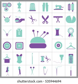 Set of Tailor Icons. Contains such Icons as Scissors, Measuring Tape, Needle, Tweezer, Safety Pin, Seam Ripper, Pearl Head Pin and more. Editable Vector. Pixel Perfect. 