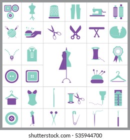 Set of Tailor Icons. Contains such Icons as Scissors, Measuring Tape, Needle, Tweezer, Safety Pin, Seam Ripper, Pearl Head Pin and more. Editable Vector. Pixel Perfect. 