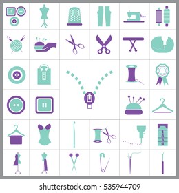Set of Tailor Icons. Contains such Icons as Scissors, Measuring Tape, Needle, Tweezer, Safety Pin, Seam Ripper, Pearl Head Pin and more. Editable Vector. Pixel Perfect. 