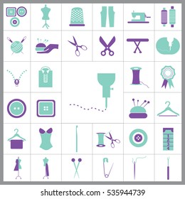 Set of Tailor Icons. Contains such Icons as Scissors, Measuring Tape, Needle, Tweezer, Safety Pin, Seam Ripper, Pearl Head Pin and more. Editable Vector. Pixel Perfect. 