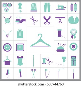 Set of Tailor Icons. Contains such Icons as Scissors, Measuring Tape, Needle, Tweezer, Safety Pin, Seam Ripper, Pearl Head Pin and more. Editable Vector. Pixel Perfect. 