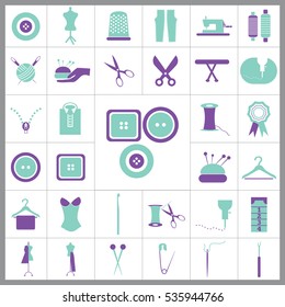 Set of Tailor Icons. Contains such Icons as Scissors, Measuring Tape, Needle, Tweezer, Safety Pin, Seam Ripper, Pearl Head Pin and more. Editable Vector. Pixel Perfect. 