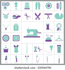 Set of Tailor Icons. Contains such Icons as Scissors, Measuring Tape, Needle, Tweezer, Safety Pin, Seam Ripper, Pearl Head Pin and more. Editable Vector. Pixel Perfect. 