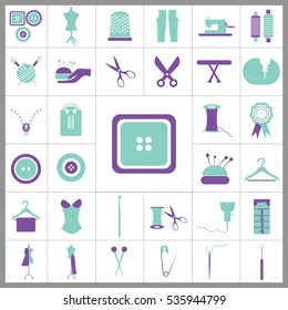 Set of Tailor Icons. Contains such Icons as Scissors, Measuring Tape, Needle, Tweezer, Safety Pin, Seam Ripper, Pearl Head Pin and more. Editable Vector. Pixel Perfect. 