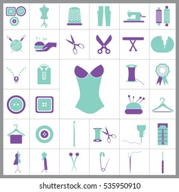 Set of Tailor Icons. Contains such Icons as Scissors, Measuring Tape, Needle, Tweezer, Safety Pin, Seam Ripper, Pearl Head Pin and more. Editable Vector. Pixel Perfect. 