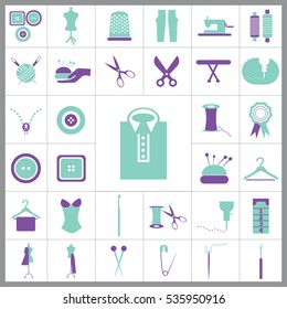 Set of Tailor Icons. Contains such Icons as Scissors, Measuring Tape, Needle, Tweezer, Safety Pin, Seam Ripper, Pearl Head Pin and more. Editable Vector. Pixel Perfect. 