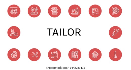 Set of tailor icons such as Sewing, Sewing machine, Thread, Fabric, Yarn, Embroidery, Scissors, Model craft, Knitting, Tailor, Safety pin , tailor