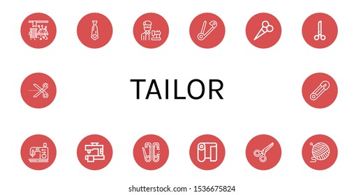 Set of tailor icons. Such as Sewing, Necktie, Tailor, Safety pin, Scissors, Sewing machine, Fabric, Yarn , tailor icons