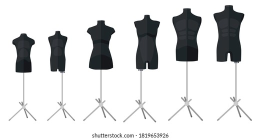 Set tailor mannequins black color on white background. Mannequins form body women, men and children. Silhouette people in style flat vector illustration.