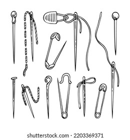Set tailor needles pins needle threader line art. Sewing accessories needlework. Embroidery tool. Hand drawn vector illustration.