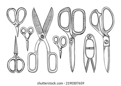 Set tailor scissors line art. Sewing tool cutting fabric thread. Seam ripper. Hand drawn vector illustration.