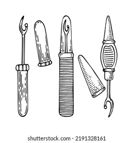 Set tailor seam rippers line art. Sewing thread trimming tool. Hand drawn vector illustration.