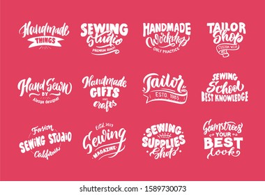 Set of Tailor, sewing, handmade emblems, logos, phrases, stamps, labels, badges, stickers. Collection of white lettering compositions. Hand drawn style. Vector illustration.
