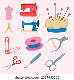 Set of Tailor and Sewing Tools Cute Hand Drawn Illustration