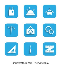 Set Tailor shop, Awl tool, Tape measure, Sewing button, Triangular ruler, Needle for sewing with thread, Hanger wardrobe and Sleeveless T-shirt icon. Vector