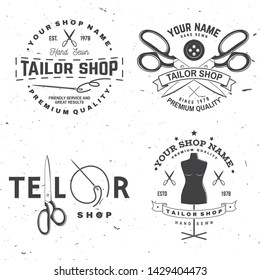 Set of tailor shop badges. Vector illustration Concept for shirt, print, stamp label or tee. Vintage typography design with sewing needle and scissors silhouette. Retro design for sewing shop business