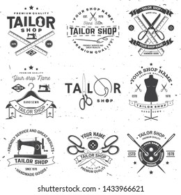 Set of tailor shop badges. Vector illustration Concept for shirt, print, stamp label or tee. Vintage typography design with sewing needle and scissors silhouette. Retro design for sewing shop business