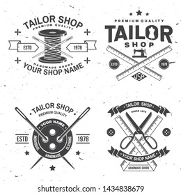 Set of tailor shop badges. Vector illustration Concept for shirt, print, stamp label or tee. Vintage typography design with sewing needle and scissors silhouette. Retro design for sewing shop business