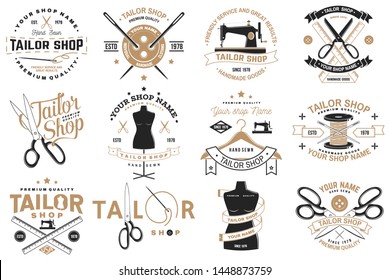 Set of tailor shop badges. Vector illustration Concept for shirt, print, stamp label or tee. Vintage typography design with sewing needle and scissors silhouette. Retro design for sewing shop business