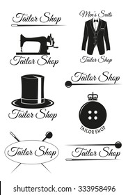 Set of tailor shop black badges isolated on white background. Collection of elements for company logos, print products, page and web decor. Vector illustration.