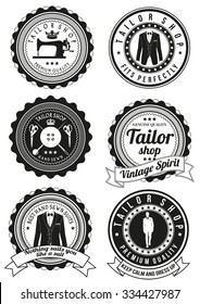 Set of tailor shop black round badges isolated on white background. Collection of elements for company logos, print products, page and web decor. Vector illustration. 