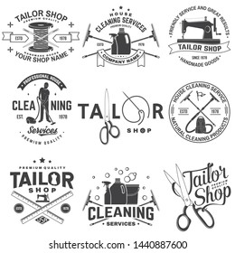 Set of tailor shop, cleaning company badges. Vector. Concept for shirt, print. Typography design with sewing, cleaning equipments silhouette. Retro design for sewing shop, cleaning service business