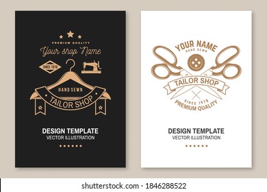 Set of tailor shop covers, invitations, posters, banners, flyers, placards. Vector illustration. Template design for branding, advertising for sewing shop business