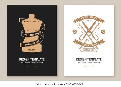 Set of tailor shop covers, invitations, posters, banners, flyers, placards. Vector illustration. Template design for branding, advertising for sewing shop business