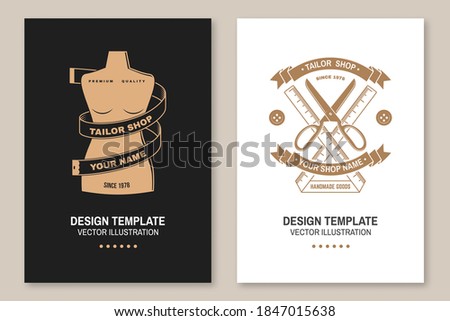 Set of tailor shop covers, invitations, posters, banners, flyers, placards. Vector illustration. Template design for branding, advertising for sewing shop business