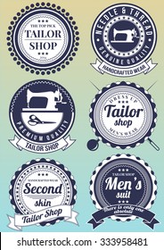 Set of tailor shop dark blue round badges isolated on gradient background. Collection of elements for company logos, print products, page and web decor. Vector illustration. 