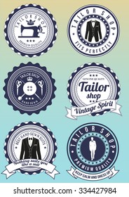 Set of tailor shop dark blue round badges isolated on gradient background. Collection of elements for company logos, print products, page and web decor. Vector illustration.