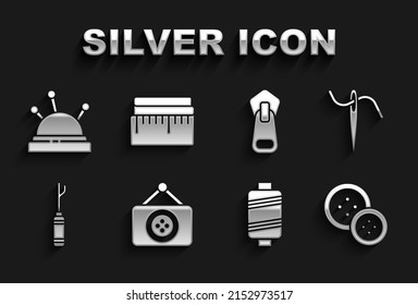 Set Tailor shop, Needle for sewing with thread, Sewing button, Awl tool, Zipper, bed and needles and Tape measure icon. Vector