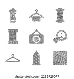 Set Tailor shop, Sewing thread, Leather, button, Hanger wardrobe,  and Zipper icon. Vector