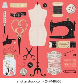 Set of tailor tools, labels, emblems and design elements. Tailor shop. Logo and scrapbook set