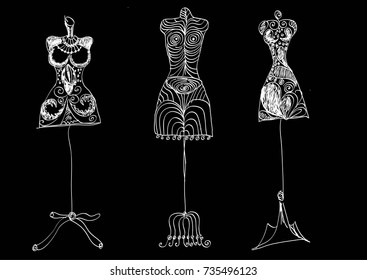 A set of tailor's dummies, hand-drawn with pencil, drawing pencil of lines, a quick sketch of a sketch. decorative flat mannequins, Doodle. vector illustration