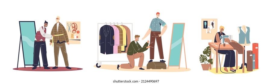 Set of tailors, sewers, dressmakers and seamstress at work. People fashion designers creating clothes with clients or sew on sewing machine. Atelier concept. Cartoon flat vector illustration