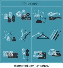 Set of tailor`s tools and elements for your design. Vector illustration. Chalk white icons and black solid icons.
