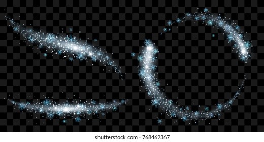 Set of tails of light blue glittering stardust with sparkles and snowflakes isolated on transparent background. Transparency only in vector file