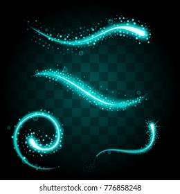 Set of tails of light blue glittering stardust