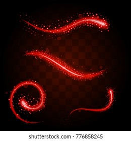 Set of tails of light red glittering stardust