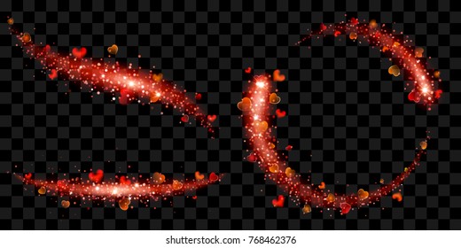 Set of tails of red glittering stardust with sparkles and small hearts isolated on transparent background. Transparency only in vector file