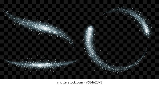 Set of tails of silver glittering stardust with sparkles isolated on transparent background. Transparency only in vector file