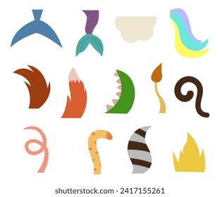 Set of tails, wildlife tail animals cartoon collection vector illustration 