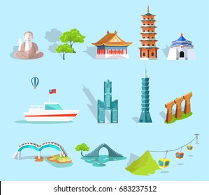 Set of Taiwan Attractions. Vector illustration of Chiang Kai-shek Hall, Confucius Temple, lasting Taipei, Dragon and Lunar Bridges, Skyscraper Tanteks, Maokong Cableway, statue of Buddha, white boat.