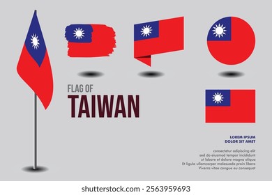 Set of Taiwan flag in 5 designs: flag on pole, brush stroke, skew, round and standard. vector, flat, isolated on grey background